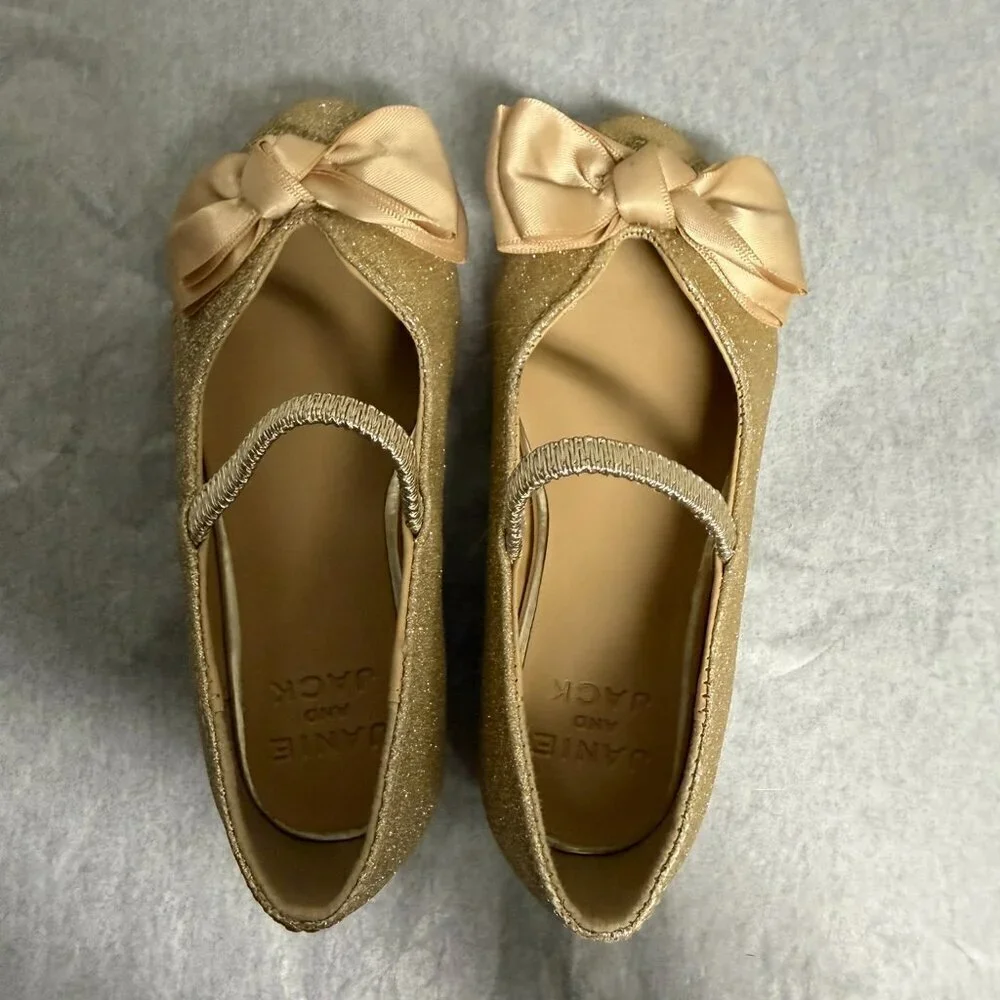 Janie and Jack Gold Sparkle Bow Ballet Flat Shoe Little Girls Toddler 7 Fancy